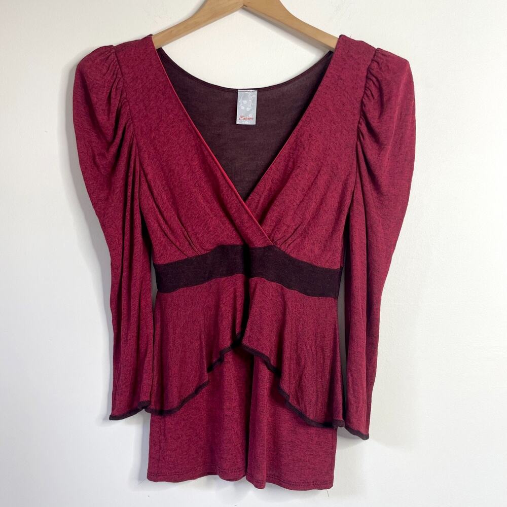 Vintage Puff Sleeve Top Small Burgundy 90s‎ Y2K Babydoll Ruffle Whimsigoth Fairy